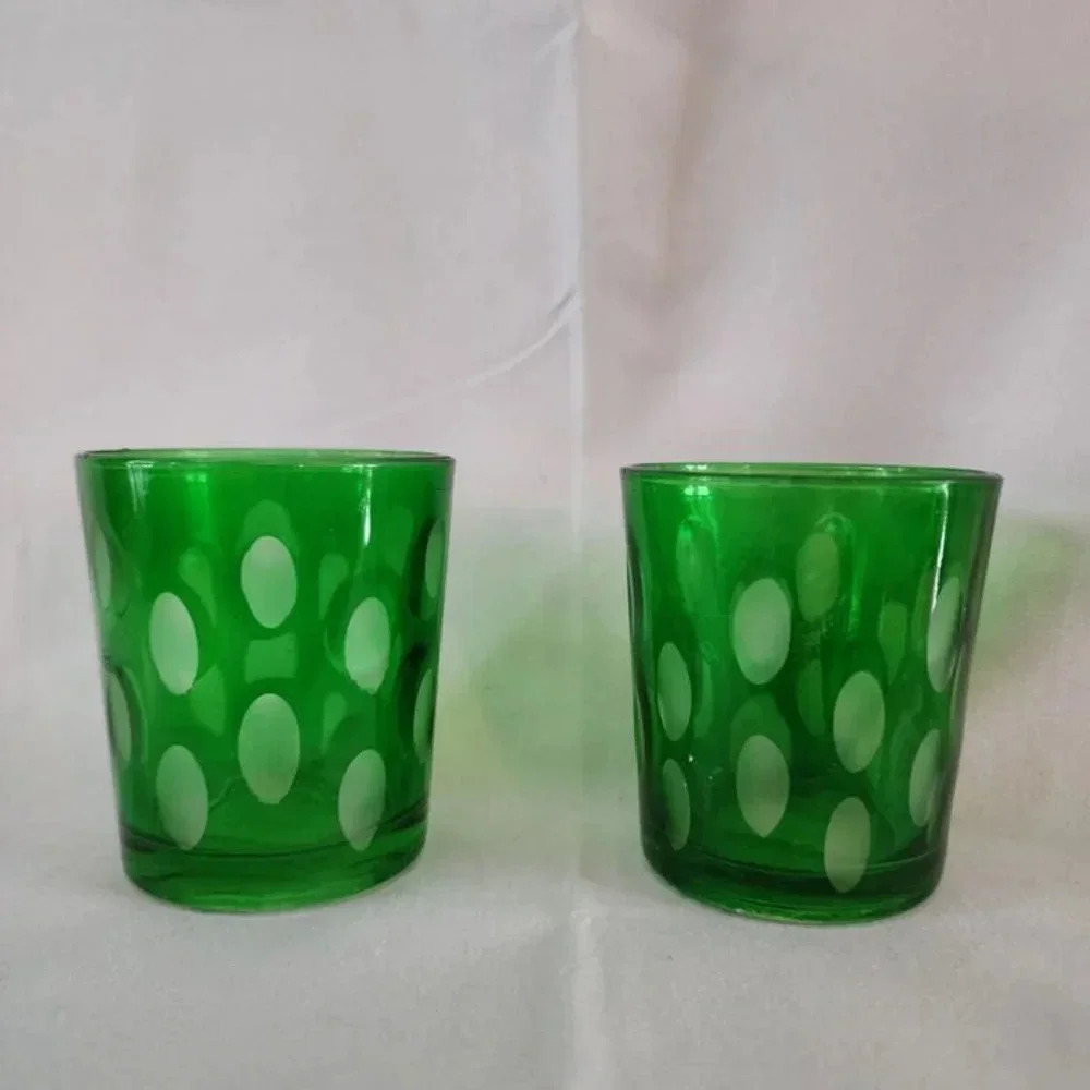 Pair of 2 Vintage Thumb Print/Coin Dot tumblers/Low Ball Glasses Green w/ white - Picture 2 of 7